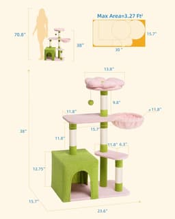 41.2-inch light pink flower cat tree tower with 2-door large cat condo, floral cotton perch, hammock, 4 sisal scratching posts, and staggered platforms