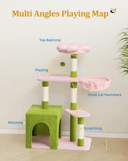 41.2-inch light pink flower cat tree tower with 2-door large cat condo, floral cotton perch, hammock, 4 sisal scratching posts, and staggered platforms
