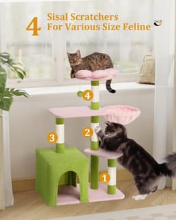41.2-inch light pink flower cat tree tower with 2-door large cat condo, floral cotton perch, hammock, 4 sisal scratching posts, and staggered platforms