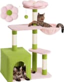 41.2-inch light pink flower cat tree tower with 2-door large cat condo, floral cotton perch, hammock, 4 sisal scratching posts, and staggered platforms