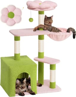 41.2-inch light pink flower cat tree tower with 2-door large cat condo, floral cotton perch, hammock, 4 sisal scratching posts, and staggered platforms