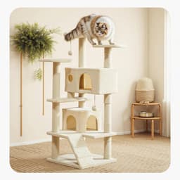 Aidoly 54-inch multi-level cat tree with twin condos, three top perches, sisal scratching posts, climbing ladder, ramp, and dangling bell toy balls