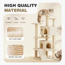 Aidoly 54-inch multi-level cat tree with twin condos, three top perches, sisal scratching posts, climbing ladder, ramp, and dangling bell toy balls