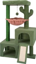 37.4-inch green cactus cat tree tower with twin condos, round hammock, sisal scratching posts, plush perch, and dangling toy balls