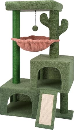 37.4-inch green cactus cat tree tower with twin condos, round hammock, sisal scratching posts, plush perch, and dangling toy balls