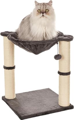Amazon Basics 19.7-inch gray cat condo tower with plush hammock, two jute scratching posts, secure base and replaceable dangling ball toy for indoor cats