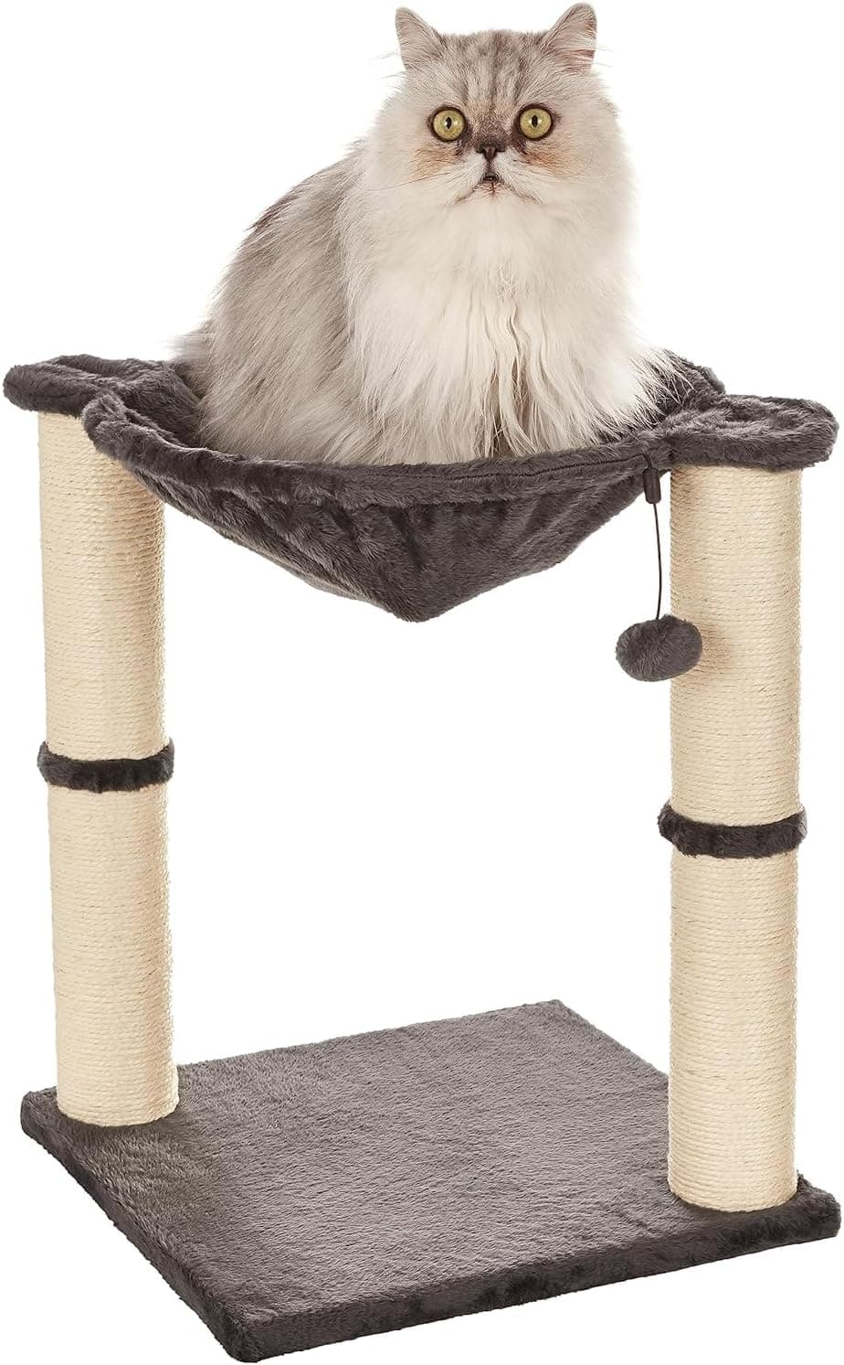Amazon Basics 19.7-inch gray cat condo tower with plush hammock, two jute scratching posts, secure base and replaceable dangling ball toy for indoor cats