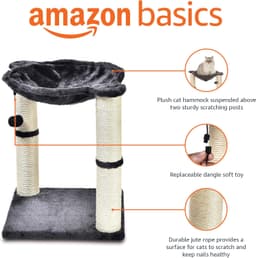 Amazon Basics 19.7-inch gray cat condo tower with plush hammock, two jute scratching posts, secure base and replaceable dangling ball toy for indoor cats