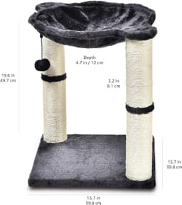Amazon Basics 19.7-inch gray cat condo tower with plush hammock, two jute scratching posts, secure base and replaceable dangling ball toy for indoor cats