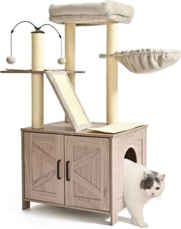 Amazon Basics beige cat tree with double-door litter box enclosure, large top perch, hammock, sisal scratching posts and removable sisal pads