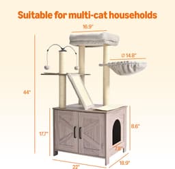Amazon Basics beige cat tree with double-door litter box enclosure, large top perch, hammock, sisal scratching posts and removable sisal pads