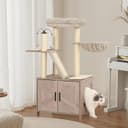 Amazon Basics beige cat tree with double-door litter box enclosure, large top perch, hammock, sisal scratching posts and removable sisal pads