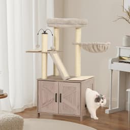 Amazon Basics beige cat tree with double-door litter box enclosure, large top perch, hammock, sisal scratching posts and removable sisal pads