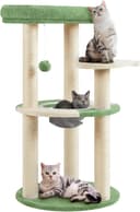 Yaheetech 35.5-inch space capsule cat tree in army green with clear bowl perch, fish-shaped platform, sisal scratching posts, and plush sleeping perch