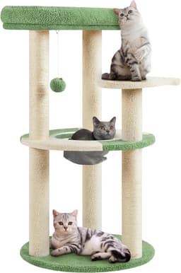 Yaheetech 35.5-inch space capsule cat tree in army green with clear bowl perch, fish-shaped platform, sisal scratching posts, and plush sleeping perch