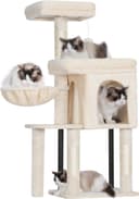 Hey-Brother multi-level cat tree tower featuring a two-door cat condo, top perch bed, tall tower bed, sisal scratching posts, and a hanging hammock for cats