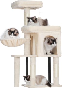 Hey-Brother multi-level cat tree tower featuring a two-door cat condo, top perch bed, tall tower bed, sisal scratching posts, and a hanging hammock for cats