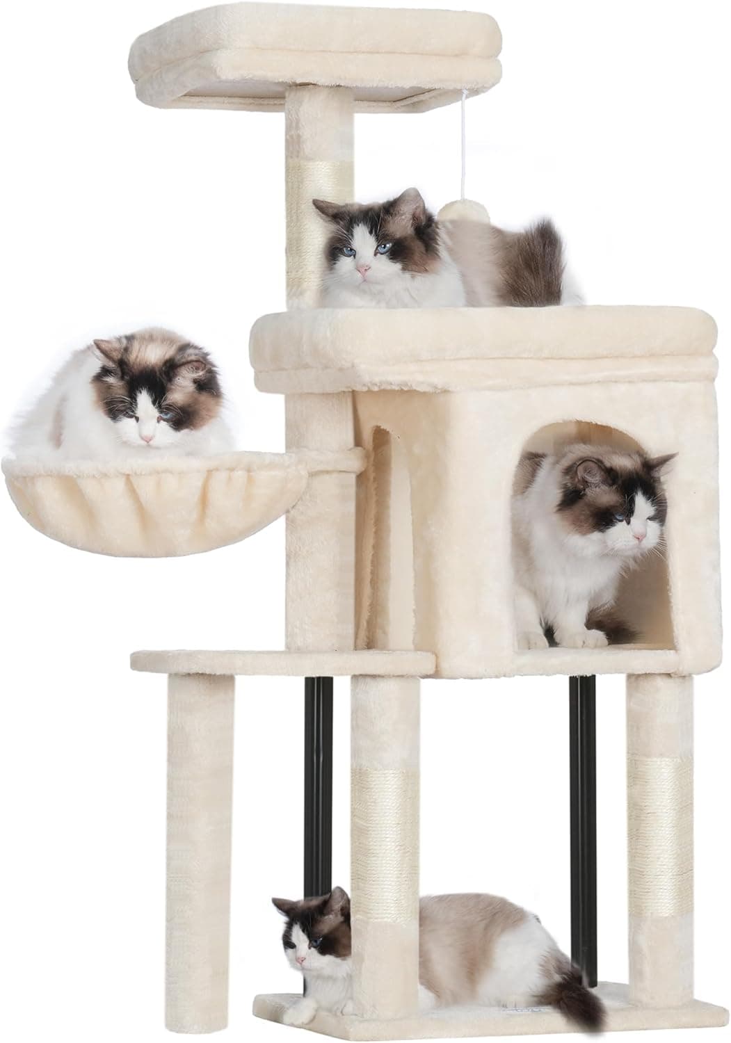Hey-Brother multi-level cat tree tower featuring a two-door cat condo, top perch bed, tall tower bed, sisal scratching posts, and a hanging hammock for cats