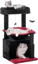 Pawfessor 32-inch black gothic cat tree with large 15.7-inch metal frame hammock, wide condo, self groomer, two sisal scratching posts, removable perch and hanging bell toys