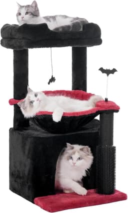 Pawfessor 32-inch black gothic cat tree with large 15.7-inch metal frame hammock, wide condo, self groomer, two sisal scratching posts, removable perch and hanging bell toys