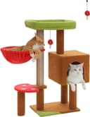 MUTTROS 35.4-inch brown mushroom cat tree with large green top perch, soft red hammock, cat condo, sisal scratching posts and mushroom dangling ball toy