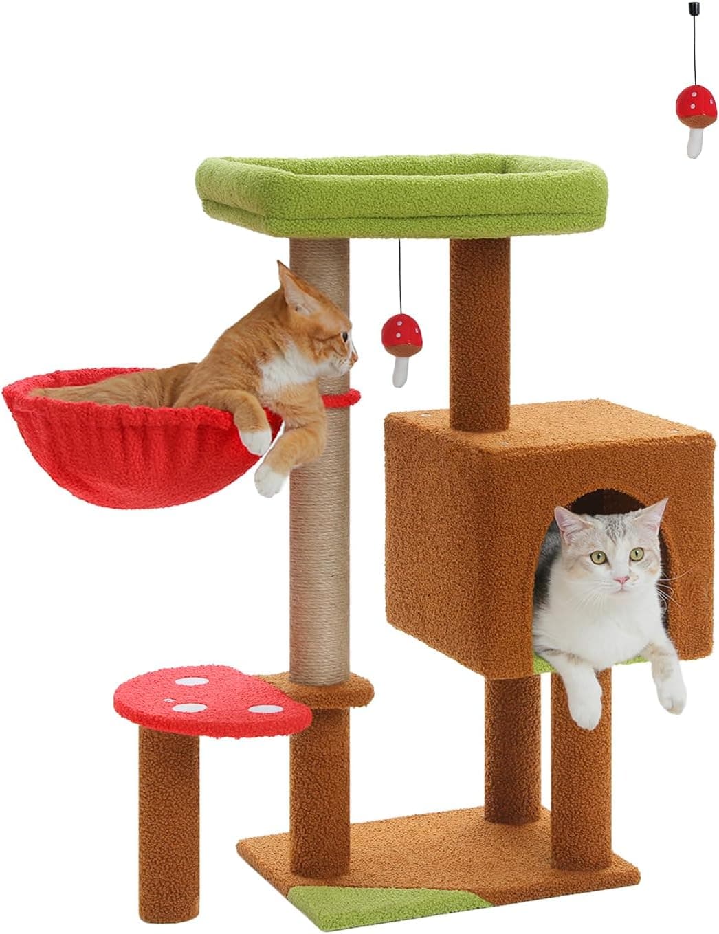 MUTTROS 35.4-inch brown mushroom cat tree with large green top perch, soft red hammock, cat condo, sisal scratching posts and mushroom dangling ball toy