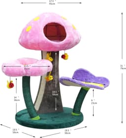 Catry Wonderland 31-inch mushroom cat tree in green with mushroom condo, butterfly perch, flower perch, bee toys, sisal scratching pad and garden aesthetic