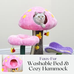 Catry Wonderland 31-inch mushroom cat tree in green with mushroom condo, butterfly perch, flower perch, bee toys, sisal scratching pad and garden aesthetic