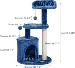ClevaHome 33.5-inch deep denim blue cat tree with condo, two plush perches, sisal scratching posts and detachable pompom toy for indoor cats