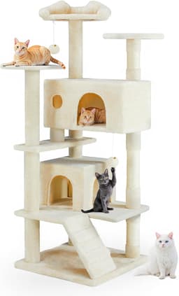 Aidoly 54-inch multi-level cat tree with twin condos, three top perches, sisal scratching posts, climbing ladder, ramp, and dangling bell toy balls