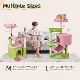 39-inch Fantasreen flower cat tree in green and pink with condo, basket, scratching posts, and a floral top perch.