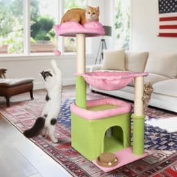 39-inch Fantasreen flower cat tree in green and pink with condo, basket, scratching posts, and a floral top perch.