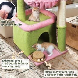 39-inch Fantasreen flower cat tree in green and pink with condo, basket, scratching posts, and a floral top perch.