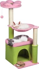 39-inch Fantasreen flower cat tree in green and pink with condo, basket, scratching posts, and a floral top perch.