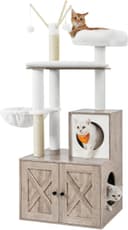 Feandrea 59-inch modern greige cat tree with litter box enclosure, two-door cabinet, scratching posts, washable removable cushions and multi-level platforms