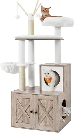 Feandrea 59-inch modern greige cat tree with litter box enclosure, two-door cabinet, scratching posts, washable removable cushions and multi-level platforms
