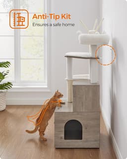 Feandrea 59-inch modern greige cat tree with litter box enclosure, two-door cabinet, scratching posts, washable removable cushions and multi-level platforms