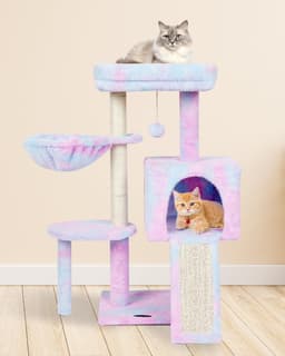 FISH&NAP Cute Cat Tree with condo, rooftop bed, basket, scratching posts, and hanging play ball