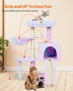 FISH&NAP Cute Cat Tree with condo, rooftop bed, basket, scratching posts, and hanging play ball