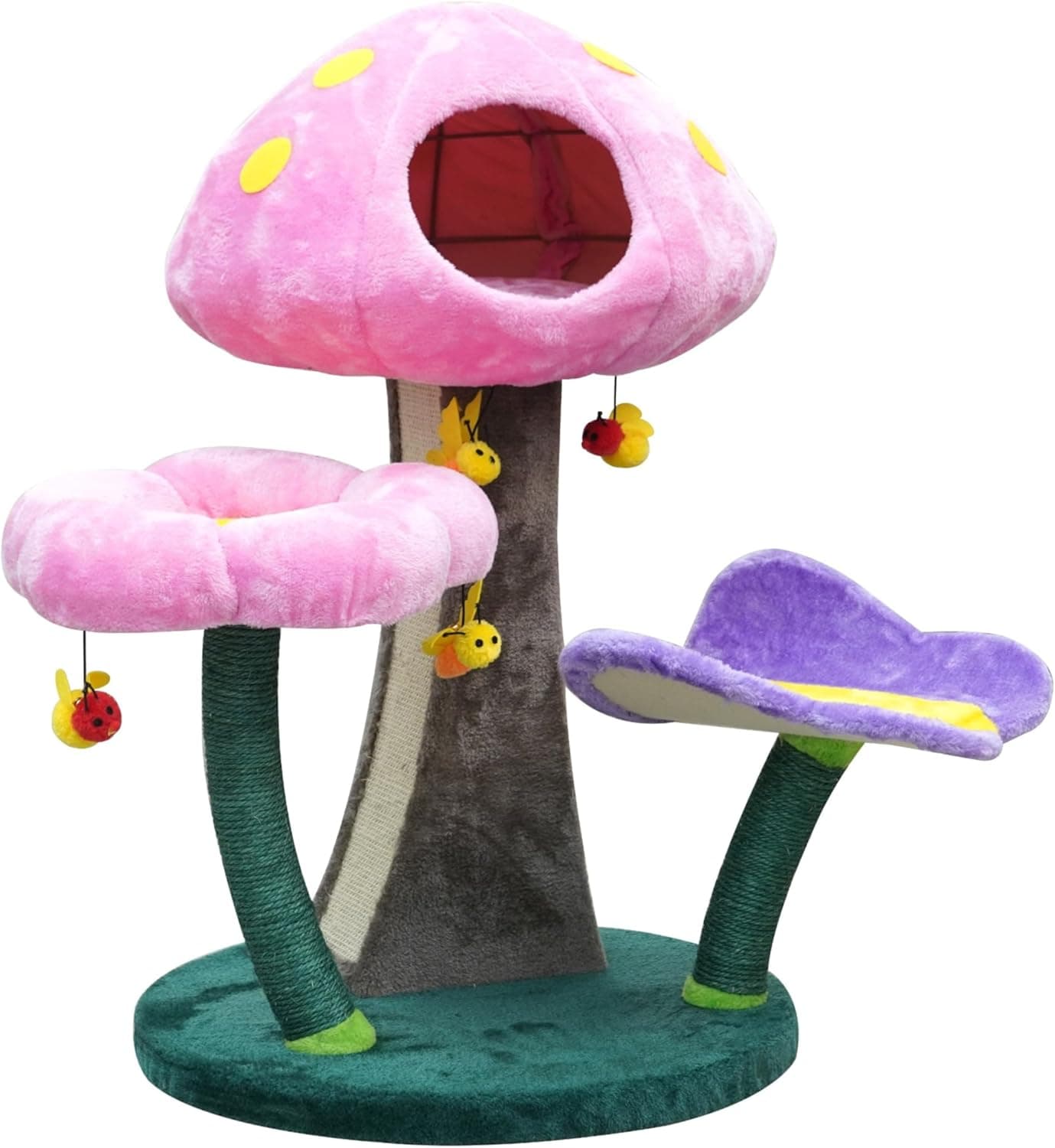 Catry Wonderland 31-inch mushroom cat tree in green with mushroom condo, butterfly perch, flower perch, bee toys, sisal scratching pad and garden aesthetic