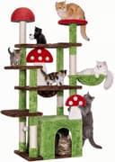 IRONCK 58-inch green giant mushroom cat tree with multi-level platforms, enlarged cat condo, hammock, 5 sisal posts, 2 mushroom scratching boards, solid mushroom post and hanging balls