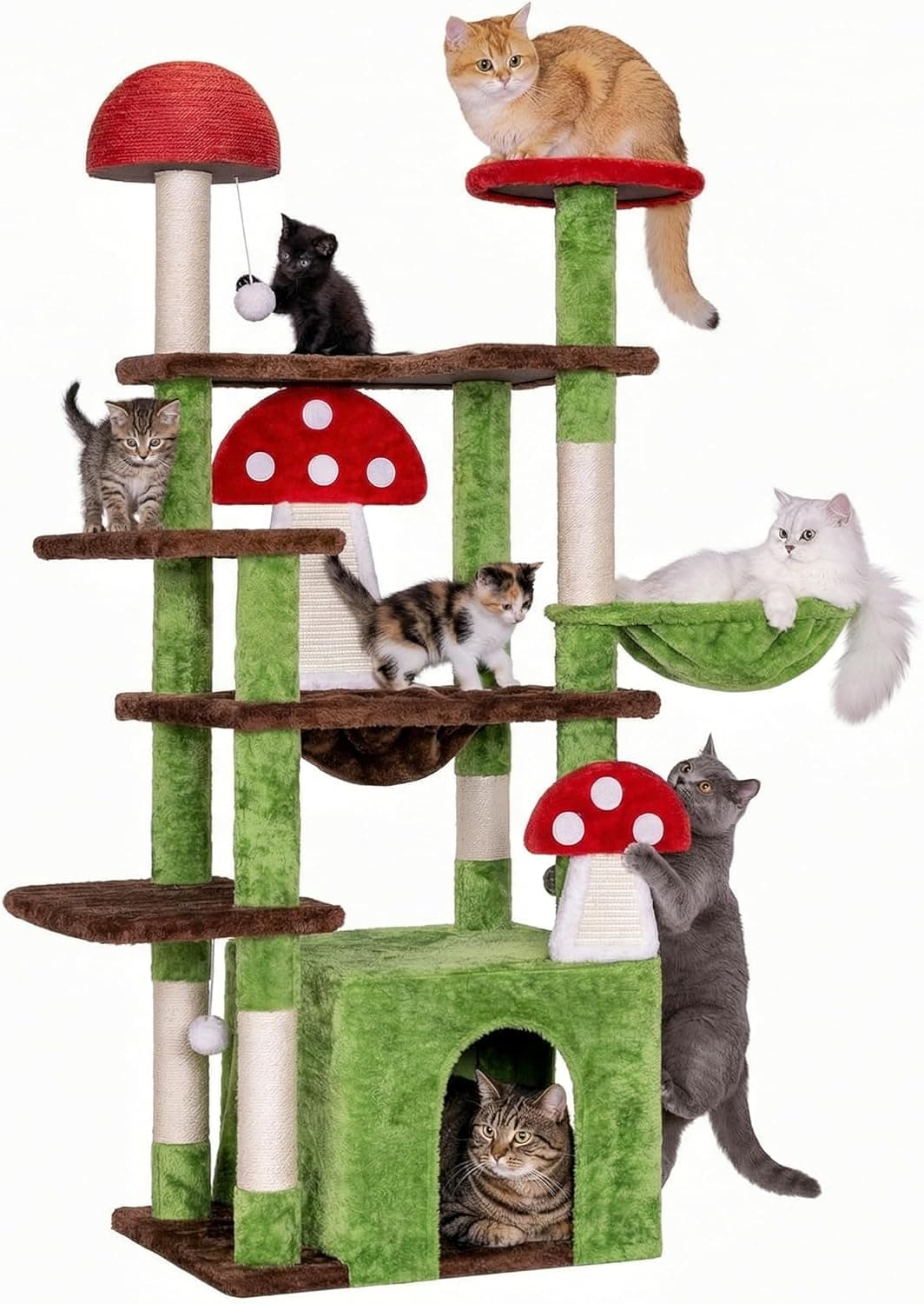 IRONCK 58-inch green giant mushroom cat tree with multi-level platforms, enlarged cat condo, hammock, 5 sisal posts, 2 mushroom scratching boards, solid mushroom post and hanging balls