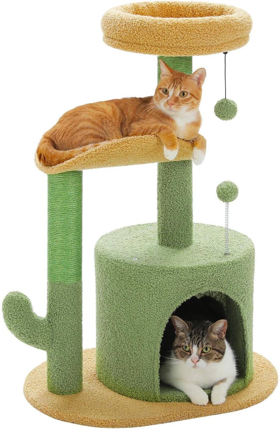 PAWZ Road 32-inch cactus cat tree with green cactus scratch post, sand-colored base, condo, and curved top perch