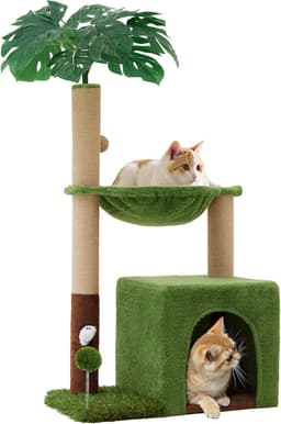 WOOCHPET 37-inch green jungle cat tree with top condo, large hammock, sisal scratching posts, mouse hole, spring ball toy, sisal ball, and green leaf elements