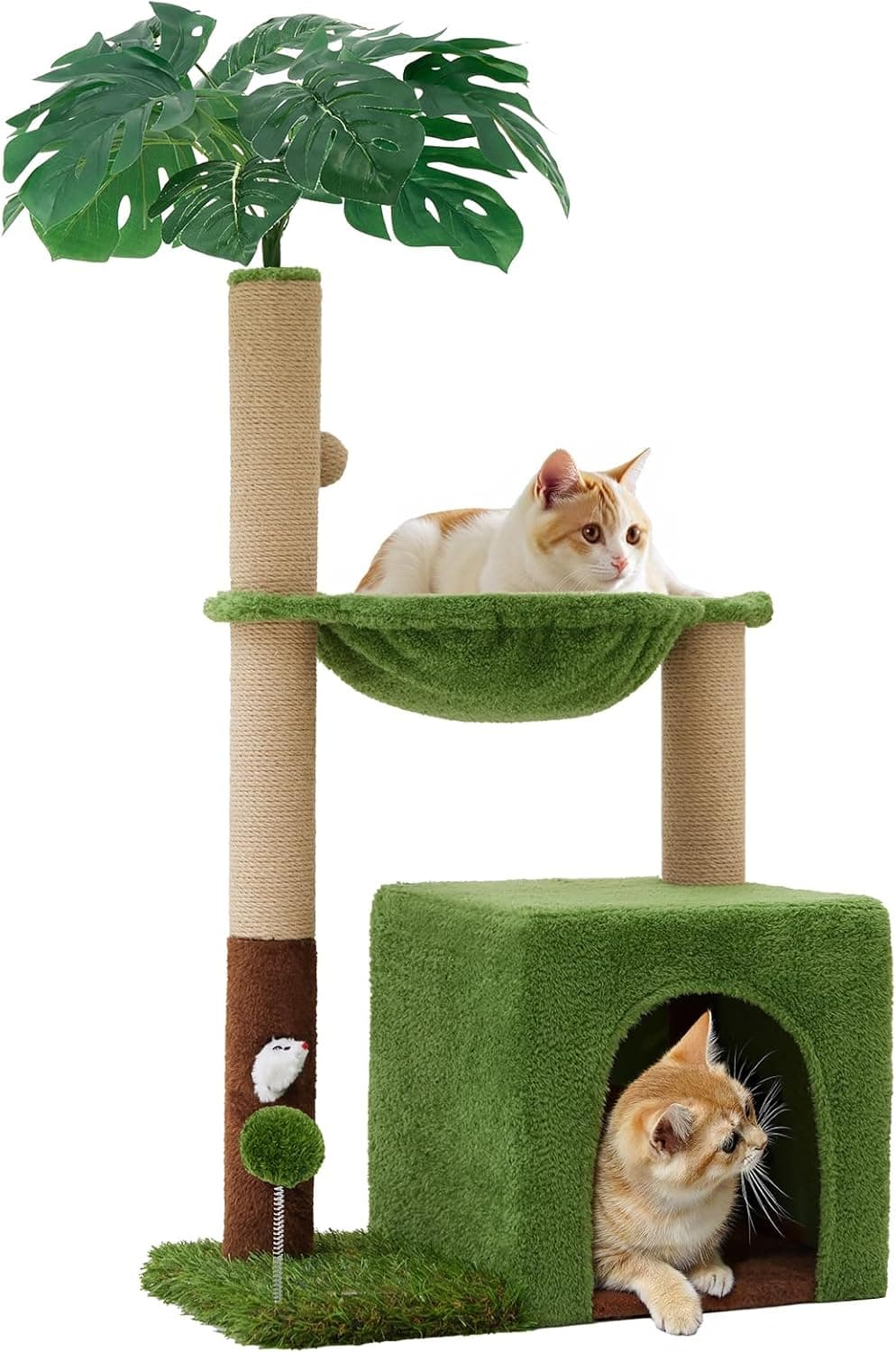 WOOCHPET 37-inch green jungle cat tree with top condo, large hammock, sisal scratching posts, mouse hole, spring ball toy, sisal ball, and green leaf elements