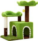 29-inch WOOCHPET flower cat tree in green with cat condo, floral top perch, sisal scratching post, faux grass details and plush pom-pom toy
