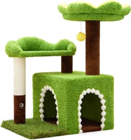 29-inch WOOCHPET flower cat tree in green with cat condo, floral top perch, sisal scratching post, faux grass details and plush pom-pom toy