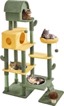Yaheetech 68.5-inch green oasis cactus cat tree with two large condos, two acrylic clear bowl beds, mushroom perch, flower perch, scratching posts and dangling toy balls