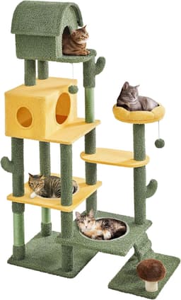 Yaheetech 68.5-inch green oasis cactus cat tree with two large condos, two acrylic clear bowl beds, mushroom perch, flower perch, scratching posts and dangling toy balls