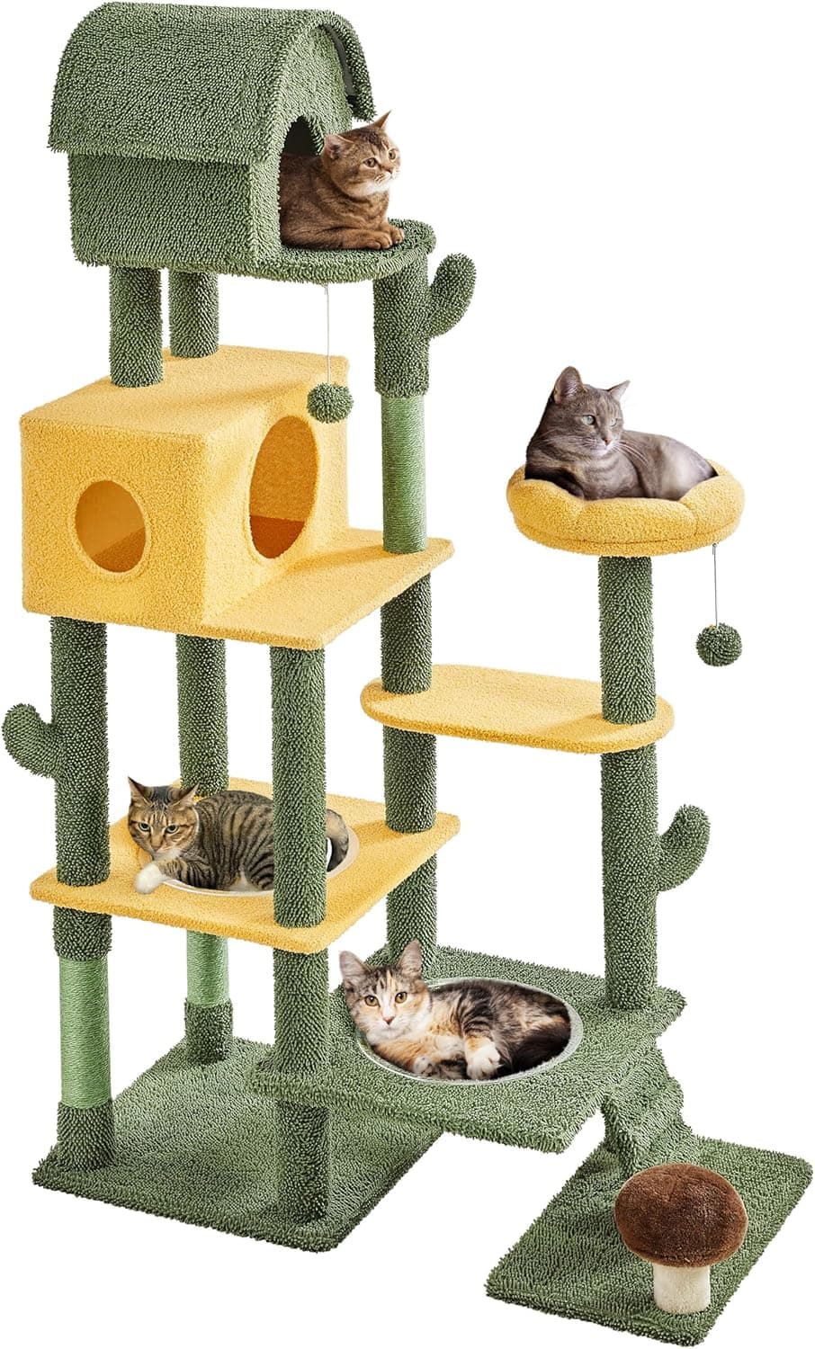 Yaheetech 68.5-inch green oasis cactus cat tree with two large condos, two acrylic clear bowl beds, mushroom perch, flower perch, scratching posts and dangling toy balls